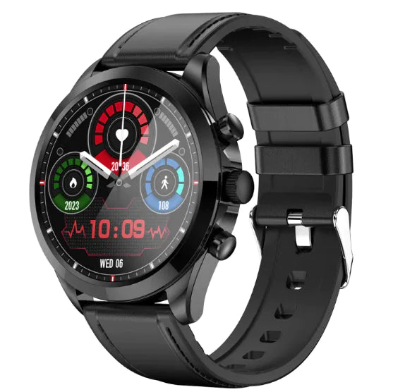Gizmocadia fitness smart watch with black leather strap and colorful health tracking display