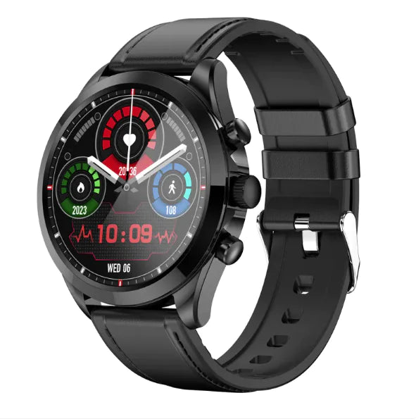 Gizmocadia fitness smart watch with black leather strap and round digital display showing health metrics
