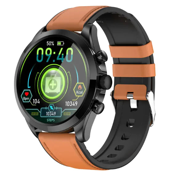Gizmocadia fitness smart watch with round black dial and brown and black adjustable strap