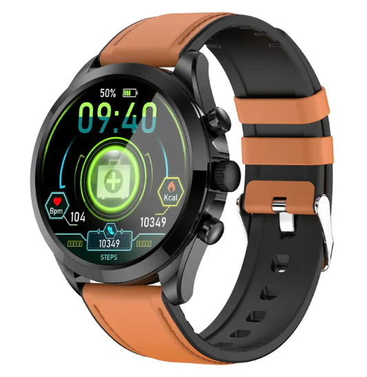 Gizmocadia fitness smart watch with round black dial and brown and black adjustable strap