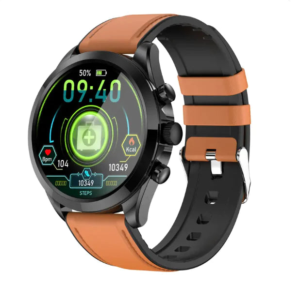 Gizmocadia fitness smart watch with round black dial and tan leather strap showing health tracking features