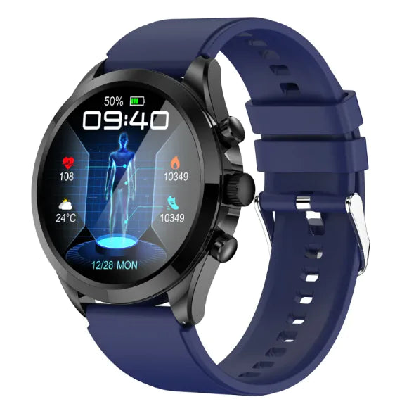 Gizmocadia fitness smart watch with round black case and blue strap showing health and activity metrics