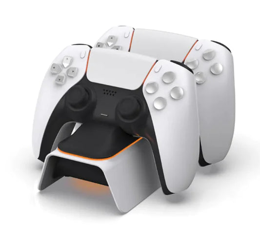 Gizmocadia PS5 dual controller charger with two white and black PlayStation 5 controllers charging