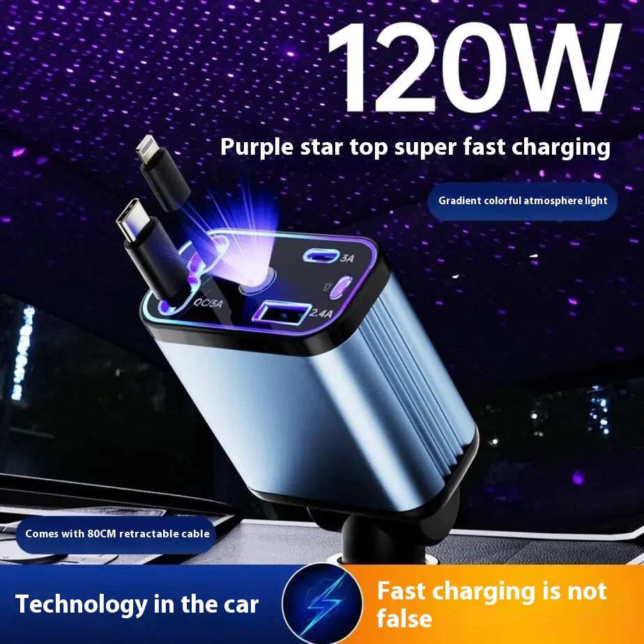 Gizmocadia flexible car charger with 120W super fast charging and purple star top light
