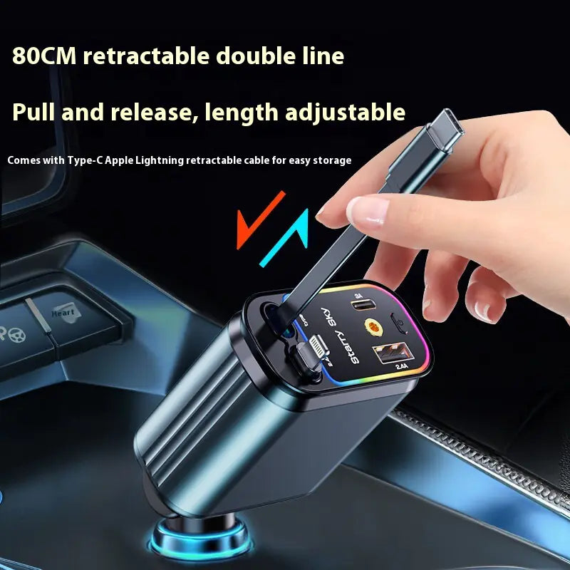 Gizmocadia flexible car charger with retractable double line and Type-C Apple Lightning cable in car cup holder