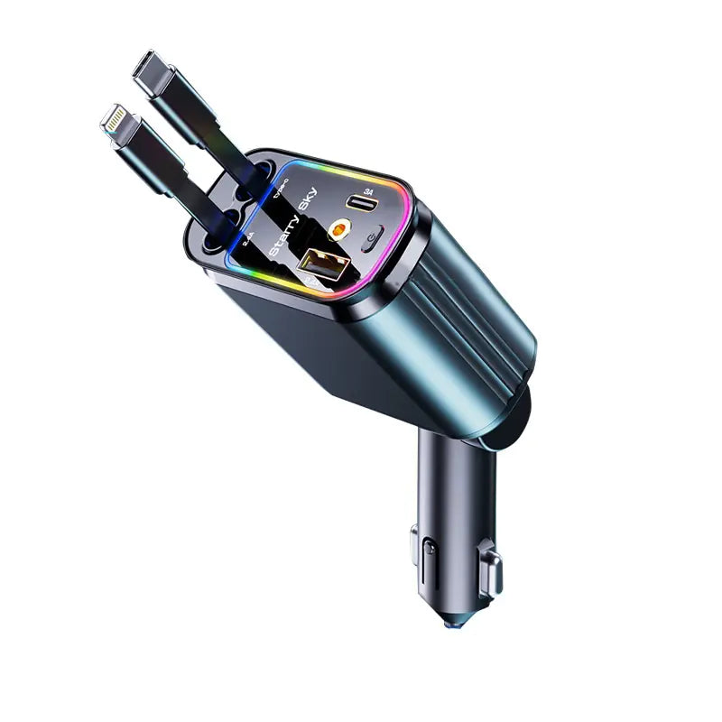 Gizmocadia flexible car charger with dual connectors and USB ports for fast charging in vehicles